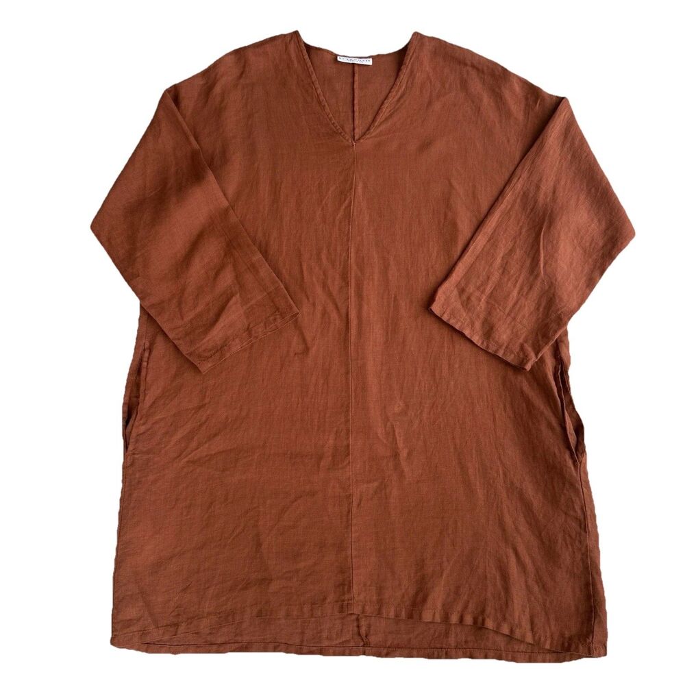 Bryn Walker Linen V Neck Oversized Tunic Dress Size Small Orange w/Pockets